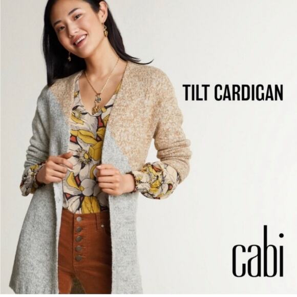 Cabi Tilt tan gray color block v neck snap front cardigan size Small #3886 - Picture 1 of 15
